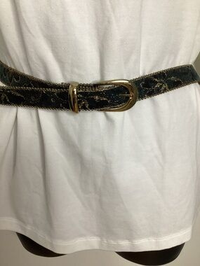 Vintage Moschino Black Patterned Belt with Gold Buckle S 26.5-30.5